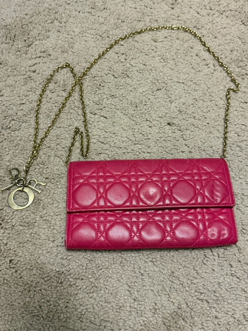 Dior Hot Pink Quilted Leather Chain Wallet with Gold Hardware